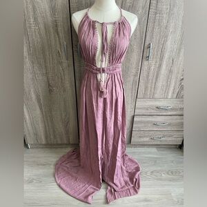 BOHO ME Purple 100% Rayon “hippie chic” maxi dress w/ plunge neck & open back